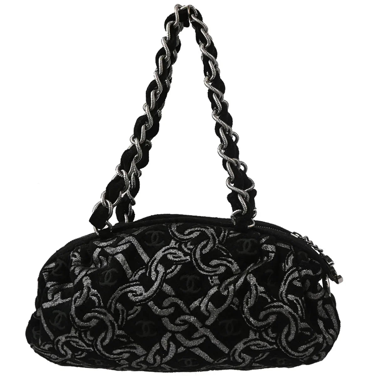 Chanel 2005-2006 Black Silver Cotton Jacquard Chain Handbag