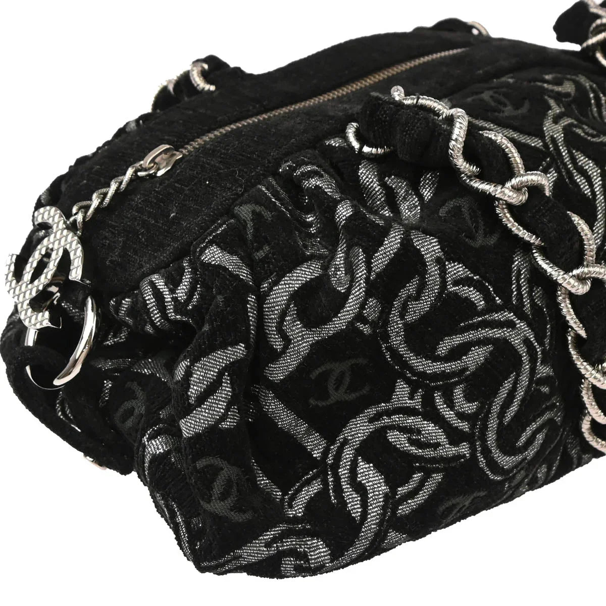 Chanel 2005-2006 Black Silver Cotton Jacquard Chain Handbag