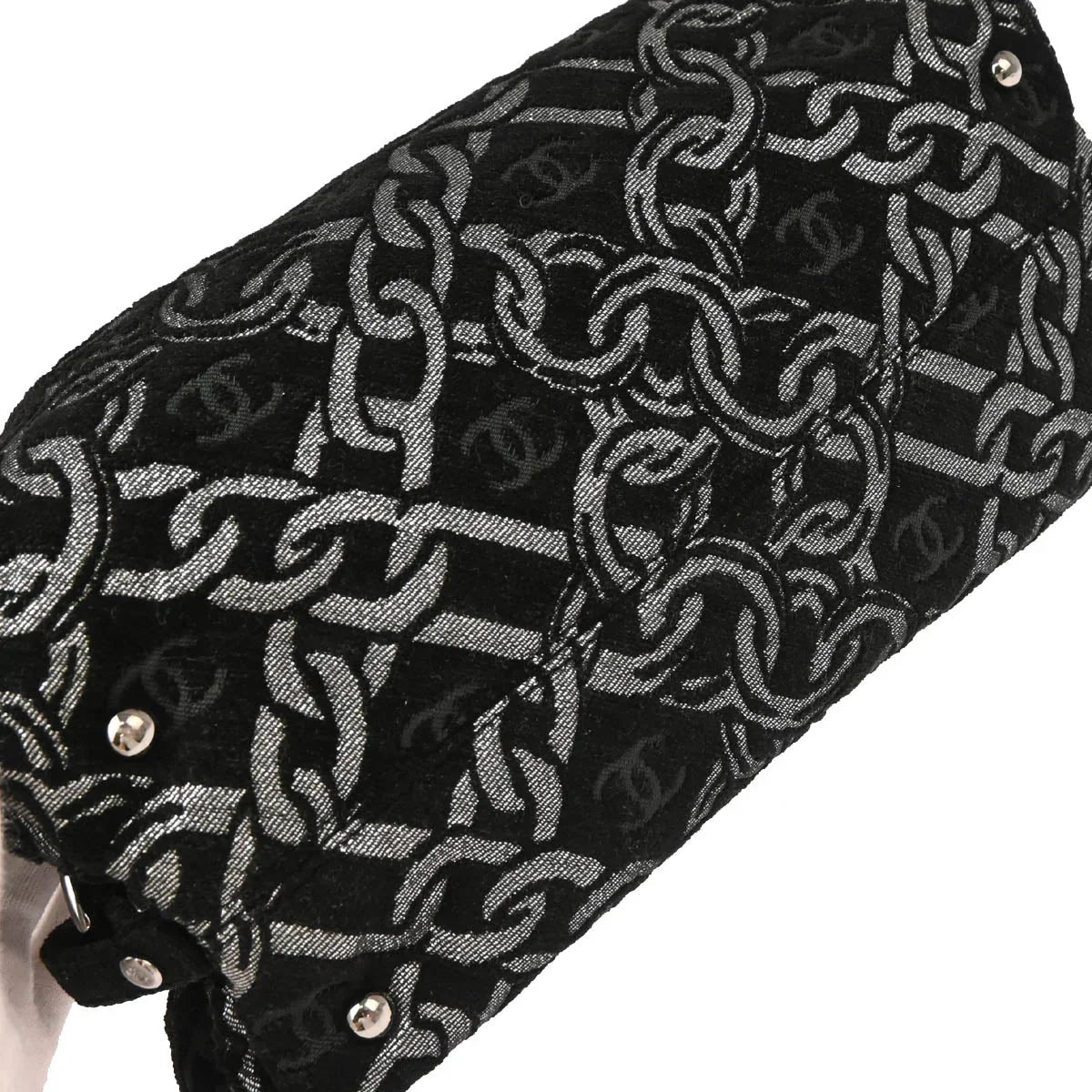 Chanel 2005-2006 Black Silver Cotton Jacquard Chain Handbag