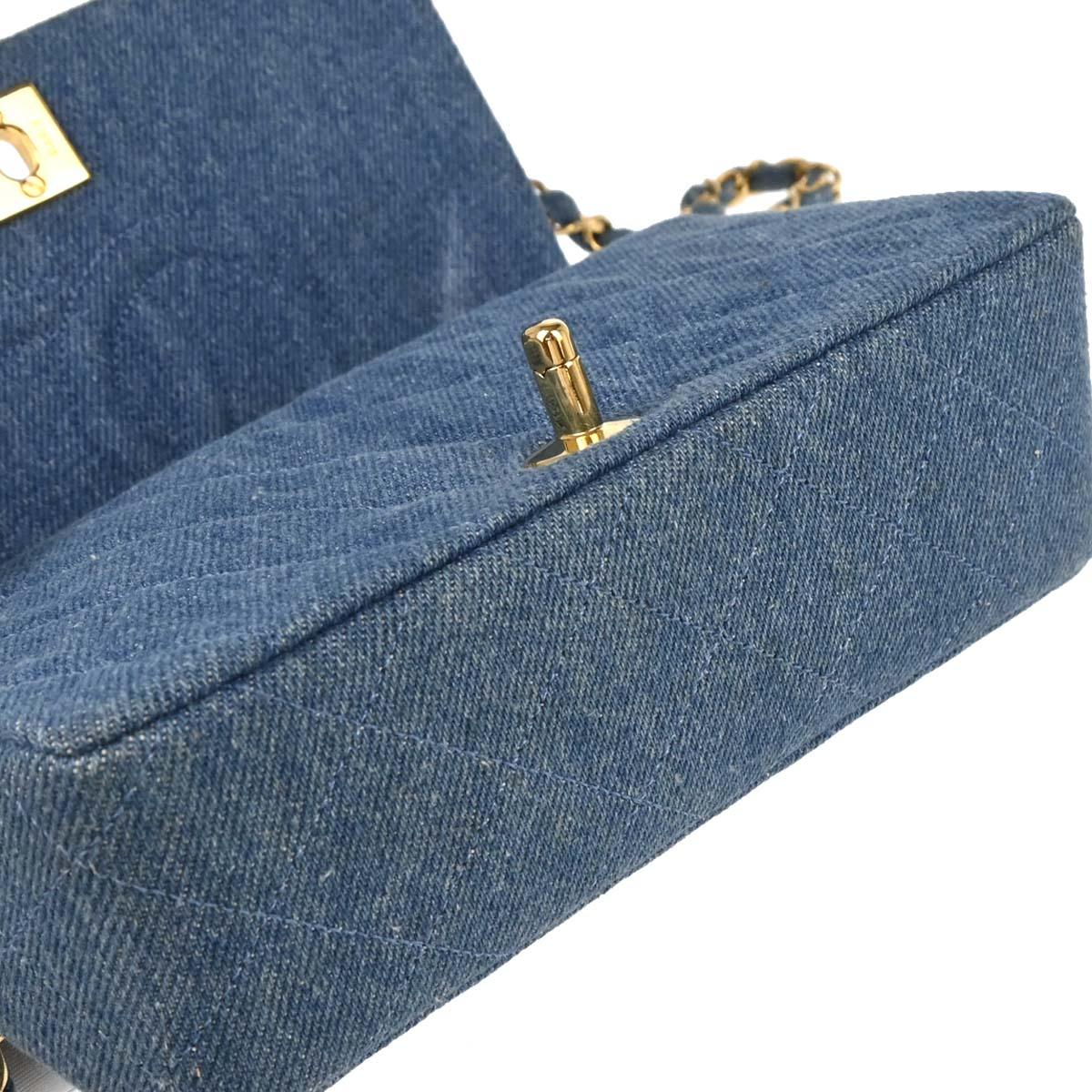 Chanel 1989-1991 Light Blue Denim Turnlock Mini Full Flap Shoulder Bag