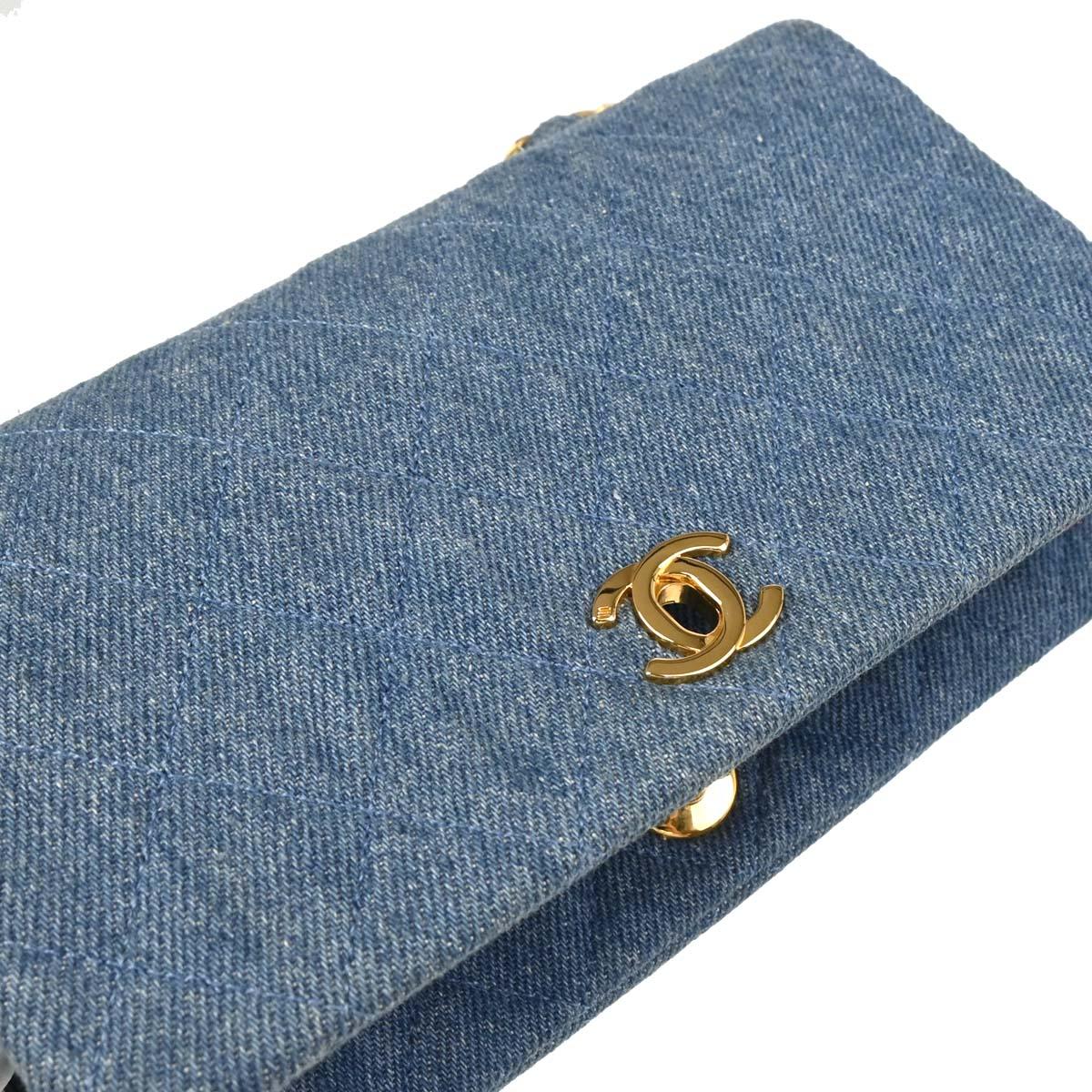Chanel 1989-1991 Light Blue Denim Turnlock Mini Full Flap Shoulder Bag