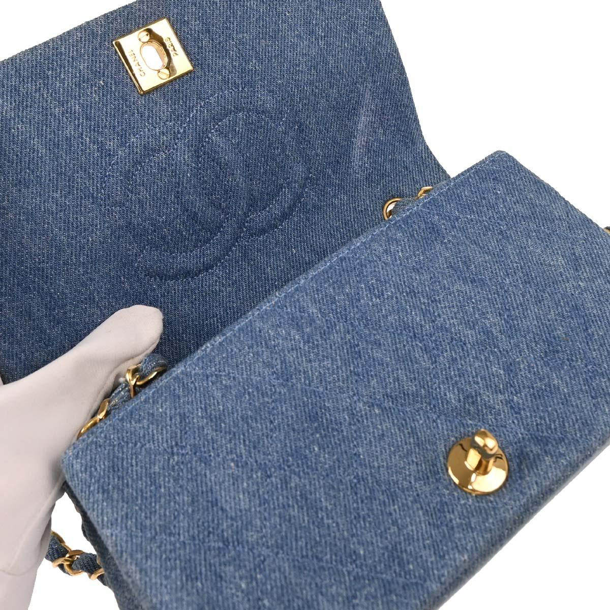 Chanel 1989-1991 Light Blue Denim Turnlock Mini Full Flap Shoulder Bag