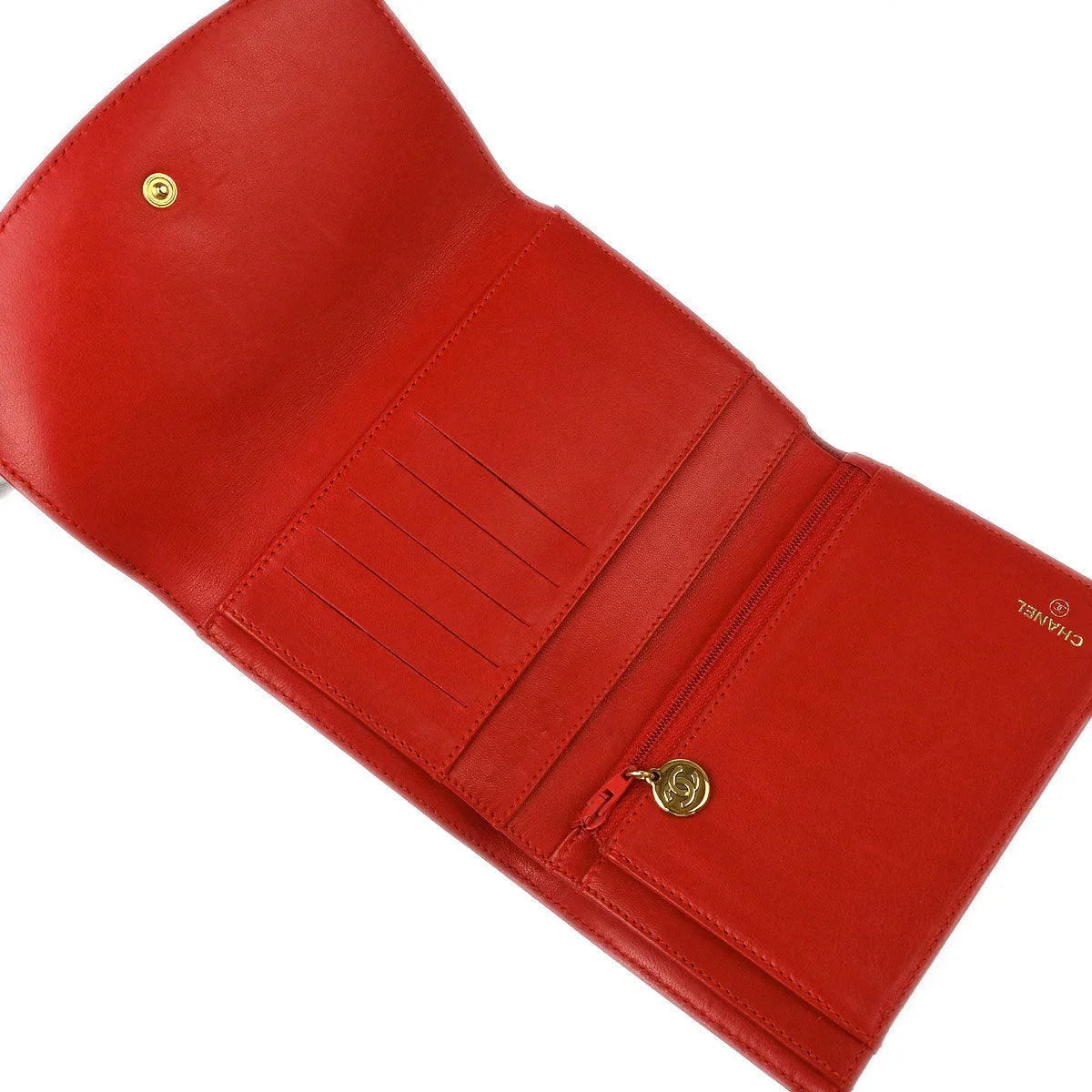 Chanel 1997-1999 Vermilion Red Caviar Long Trifold Wallet Purse