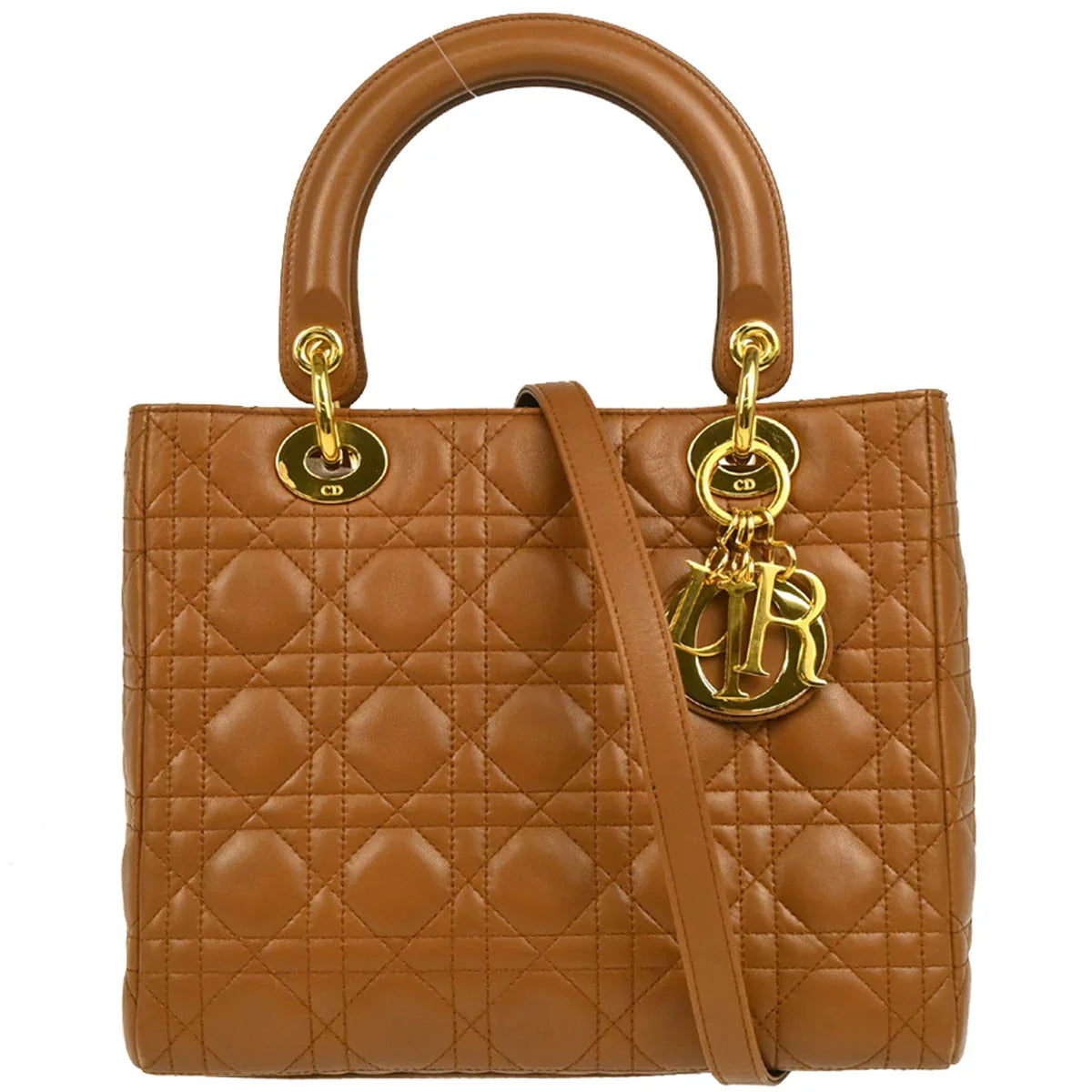 Christian Dior Brown Lambskin Medium Lady Dior Cannage 2way Handbag