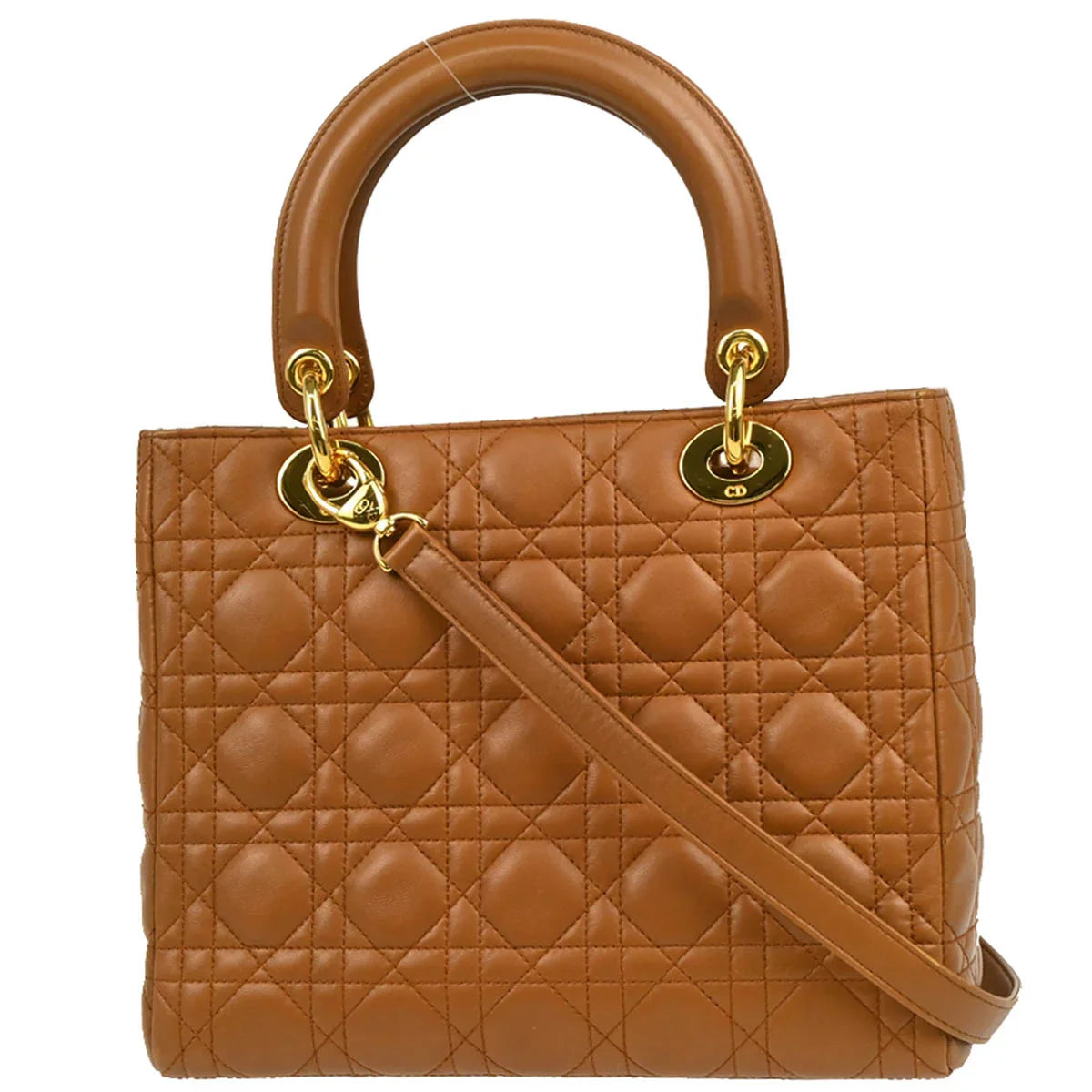 Christian Dior Brown Lambskin Medium Lady Dior Cannage 2way Handbag
