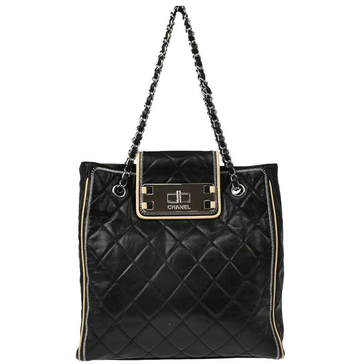 Chanel 2008-2009 Black Lambskin Mademoiselle Lock Tote Bag