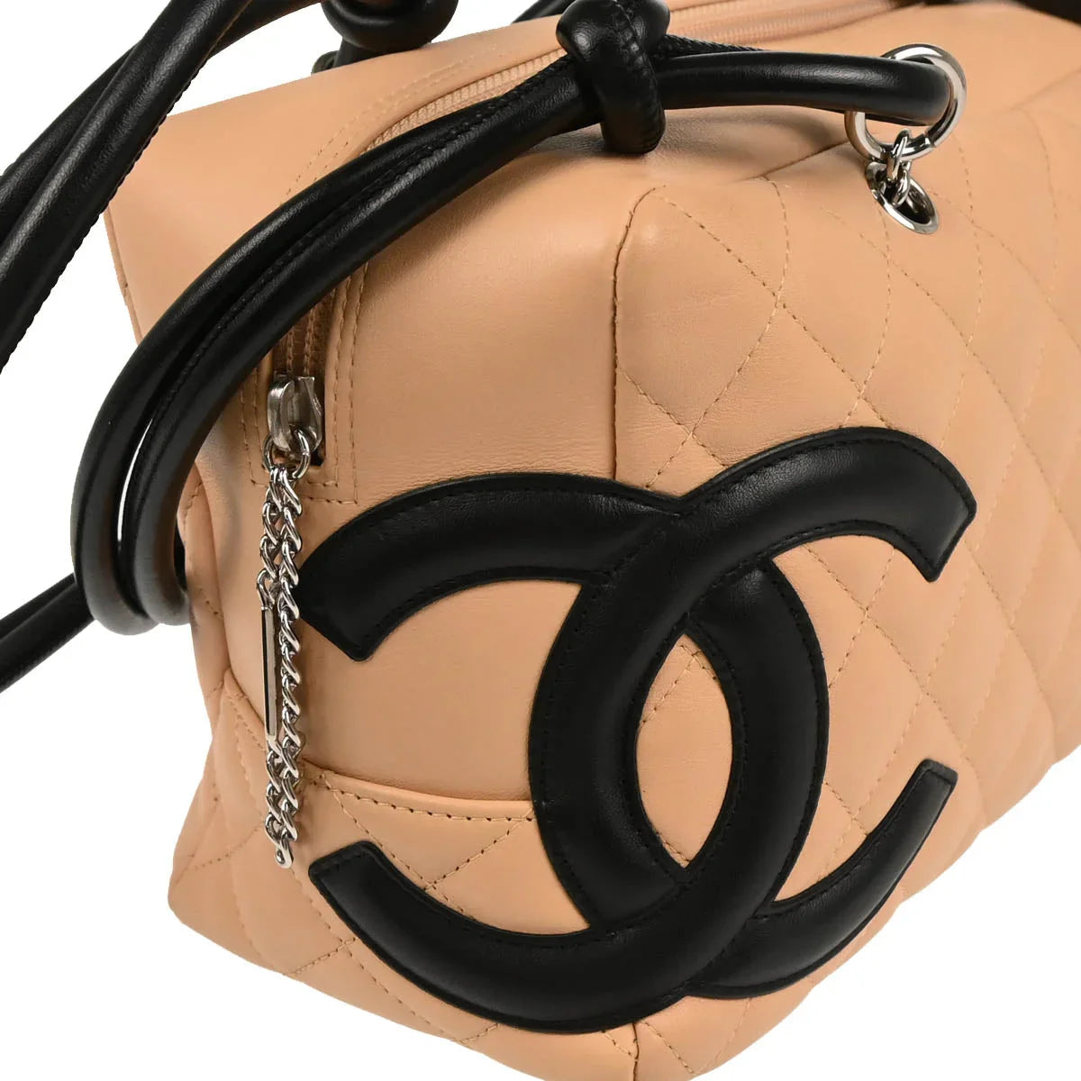 Chanel 2005-2006 Beige Black Calfskin Cambon Ligne Bowling Bag