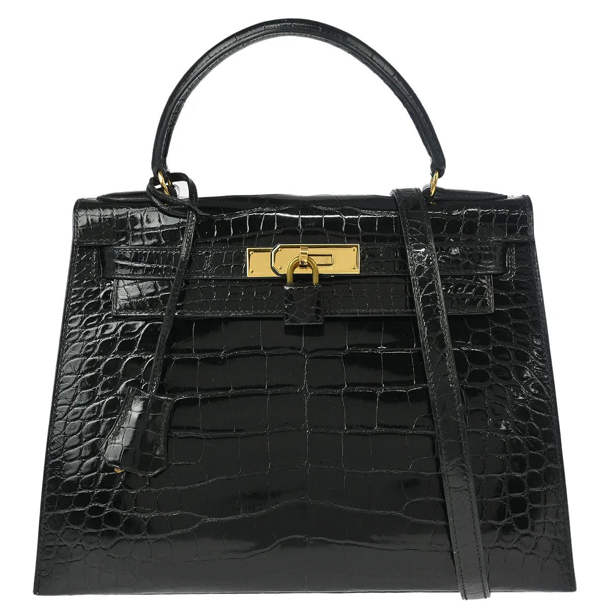 Hermes * Black Alligator Kelly 28 Sellier 2way Shoulder Handbag