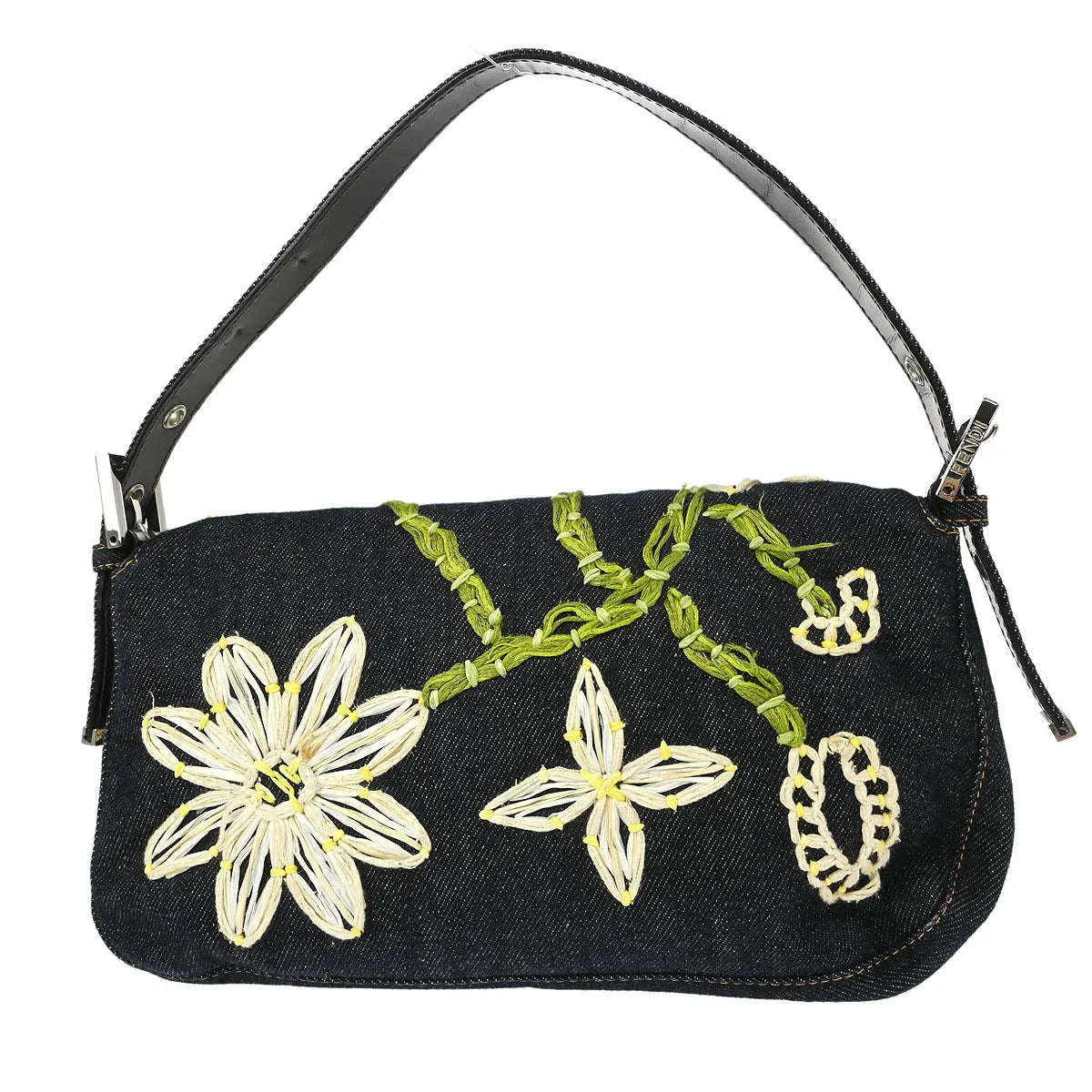 Fendi 2000 Denim Embroidered Baguette Handbag