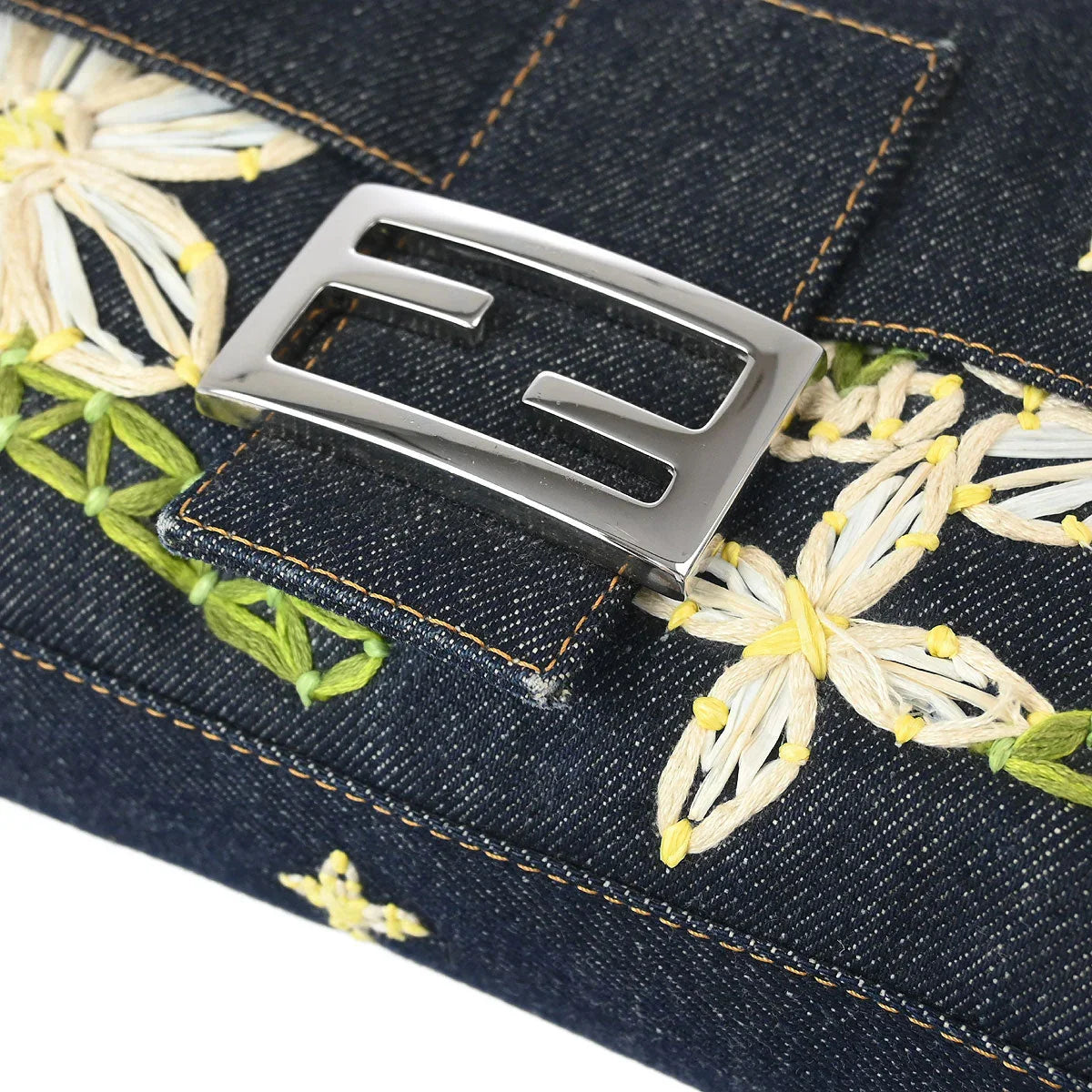 Fendi 2000 Denim Embroidered Baguette Handbag
