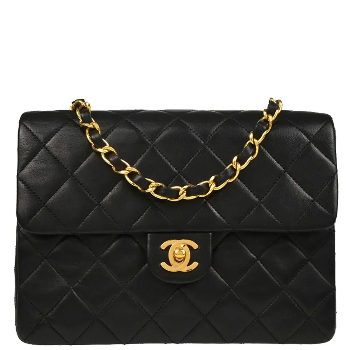 Chanel 1989-1991 Black Lambskin Classic Square Flap Shoulder Bag