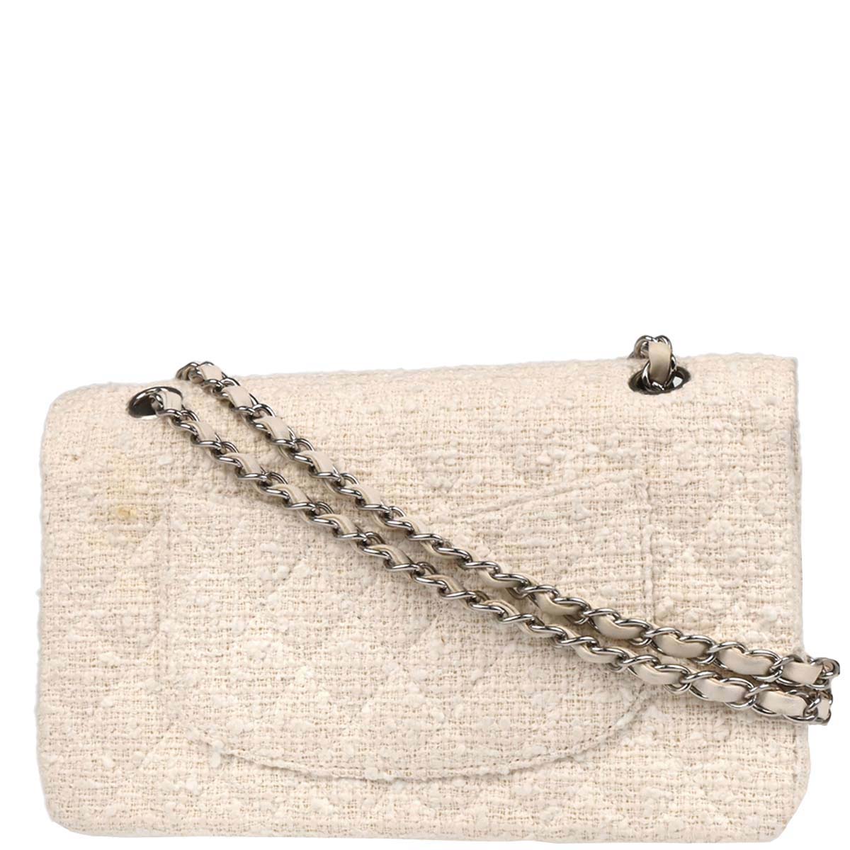 Chanel 2003-2004 White Tweed Medium Classic Double Flap Shoulder Bag