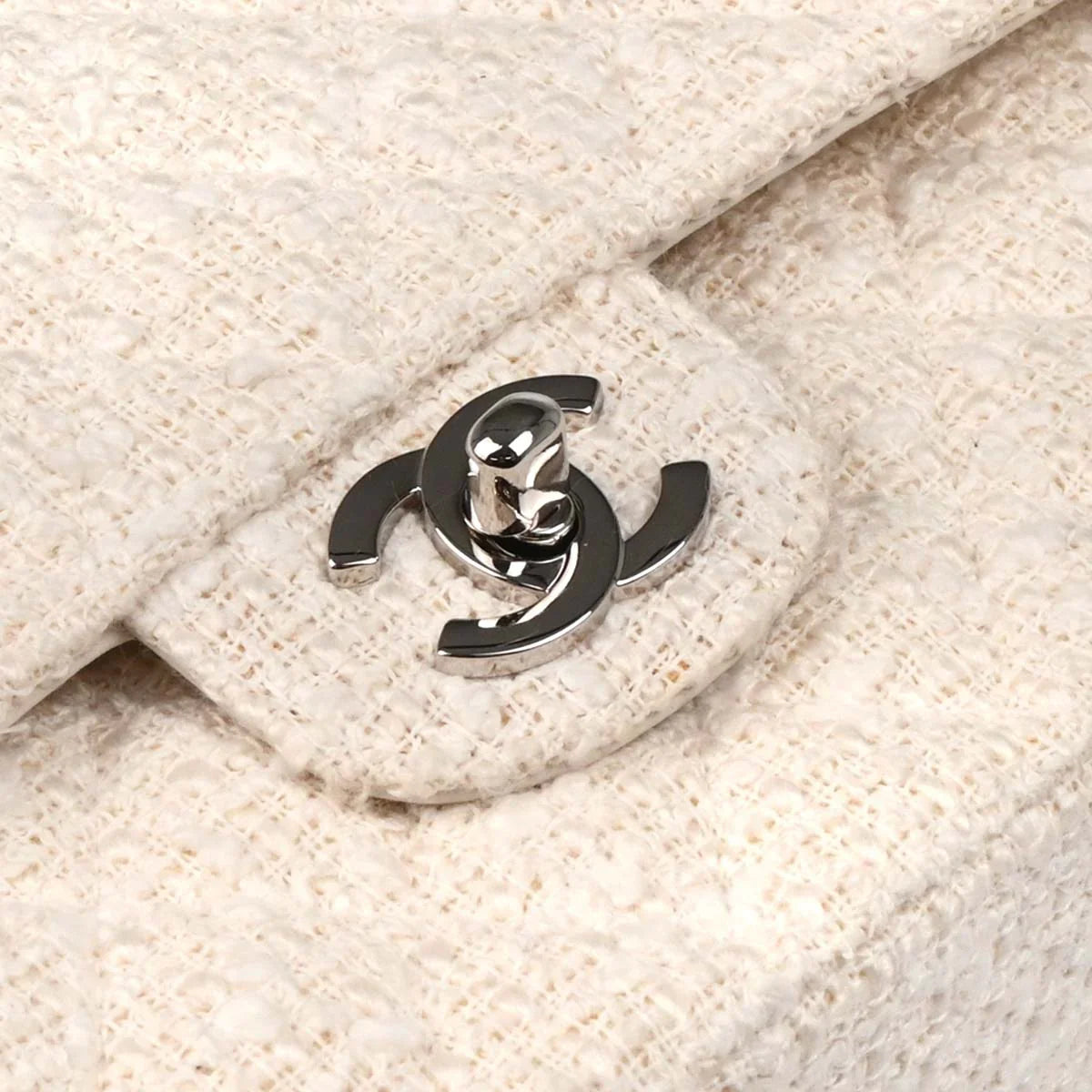 Chanel 2003-2004 White Tweed Medium Classic Double Flap Shoulder Bag