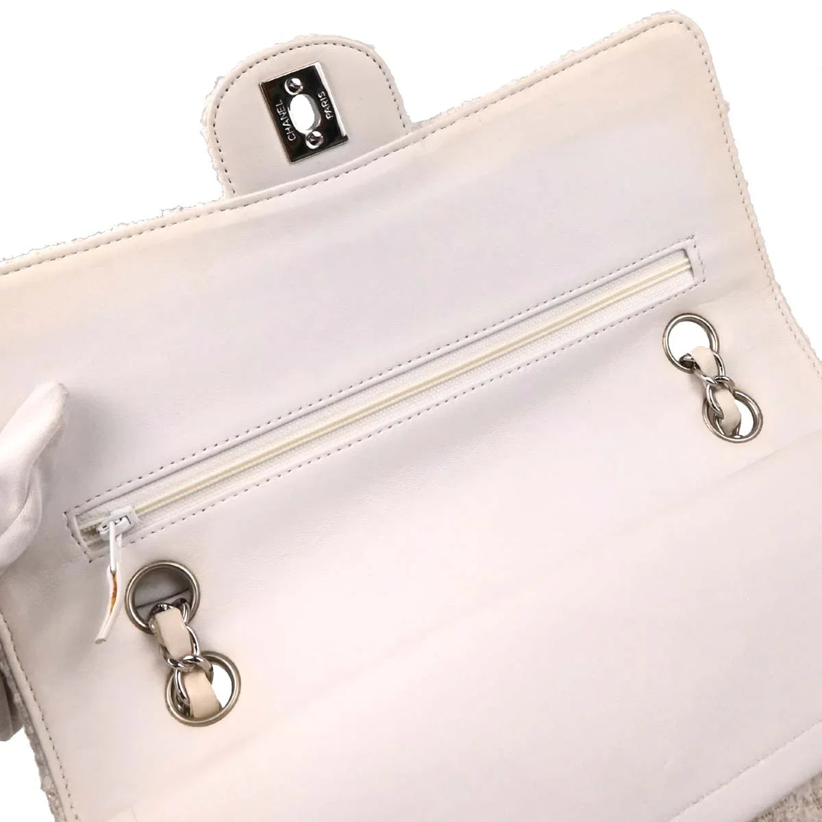 Chanel 2003-2004 White Tweed Medium Classic Double Flap Shoulder Bag