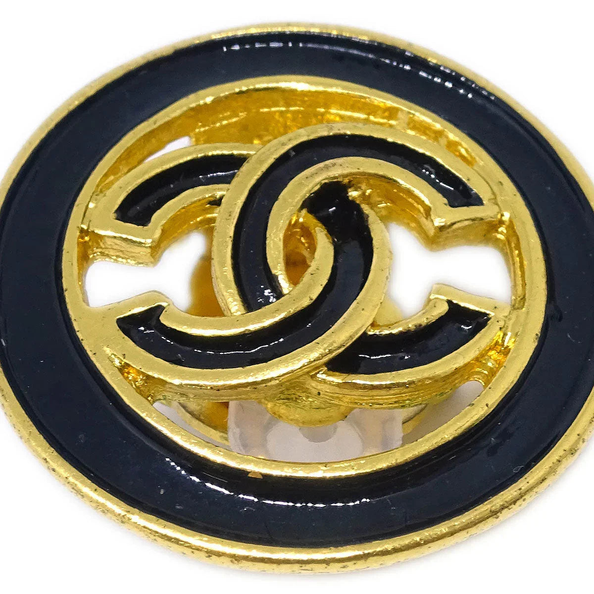 Chanel Gold Black Button Earrings Clip-On 93C