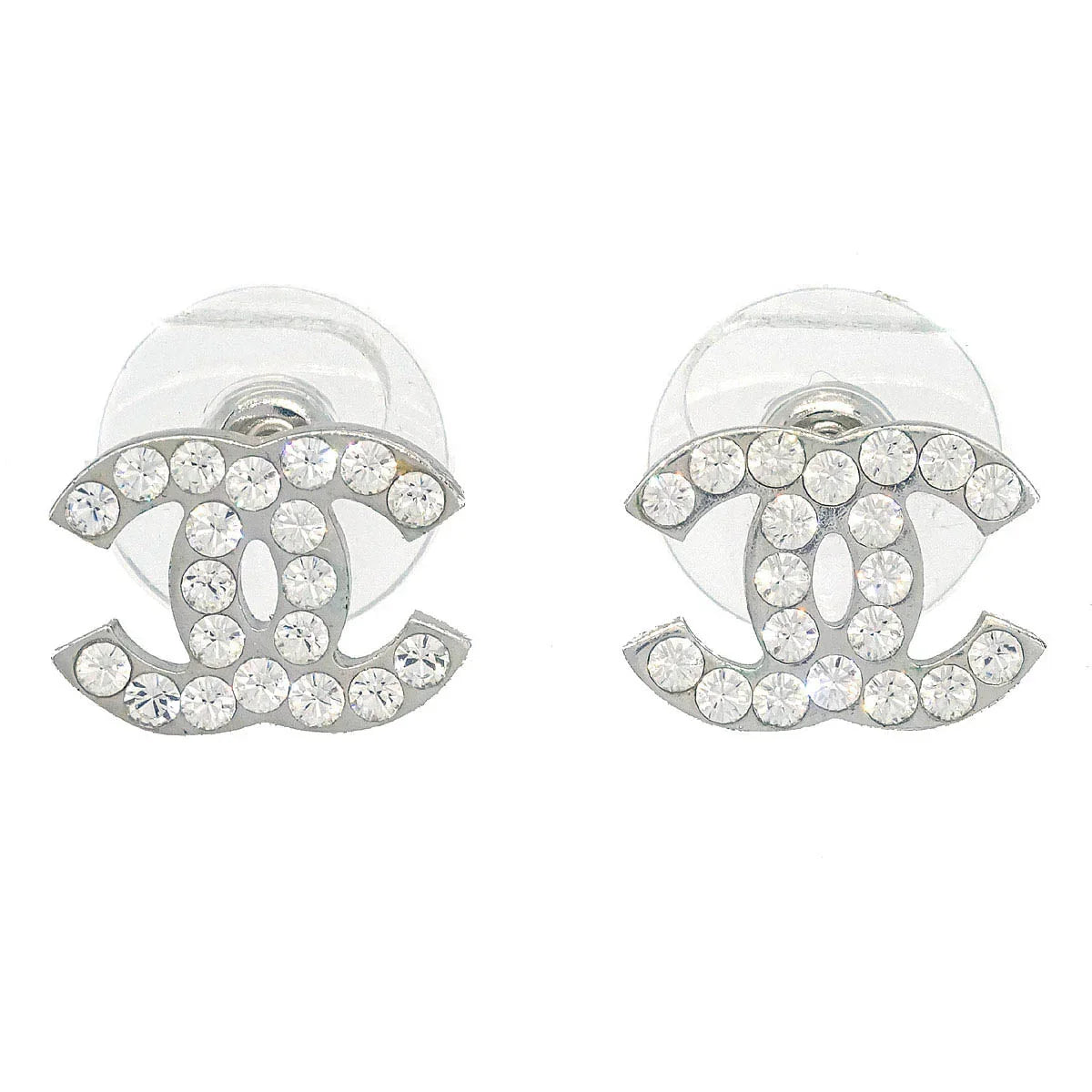 Chanel CC Piercing Earrings Silver Rhinestone 07V