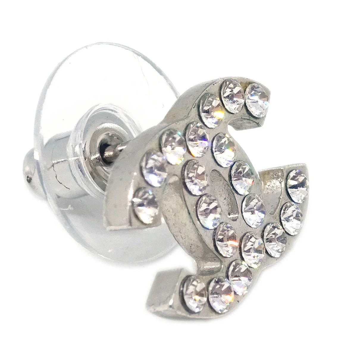 Chanel CC Piercing Earrings Silver Rhinestone 07V