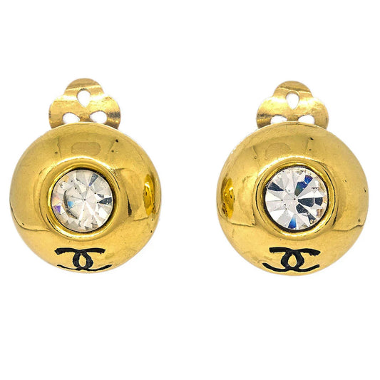 Chanel Gold Button Earrings Clip-On Rhinestone 2197