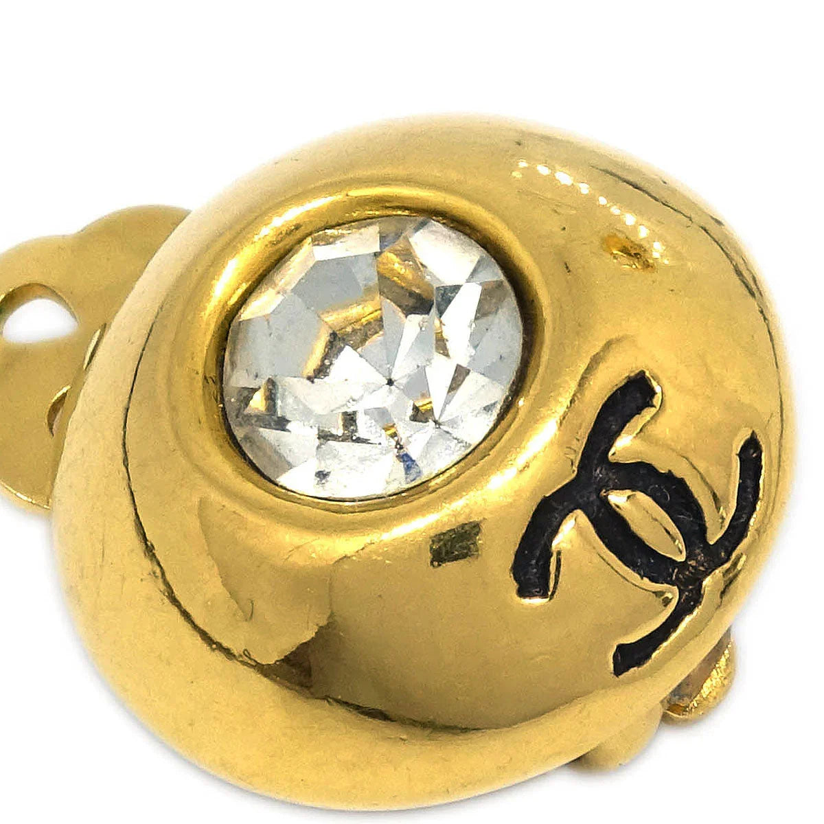 Chanel Gold Button Earrings Clip-On Rhinestone 2197