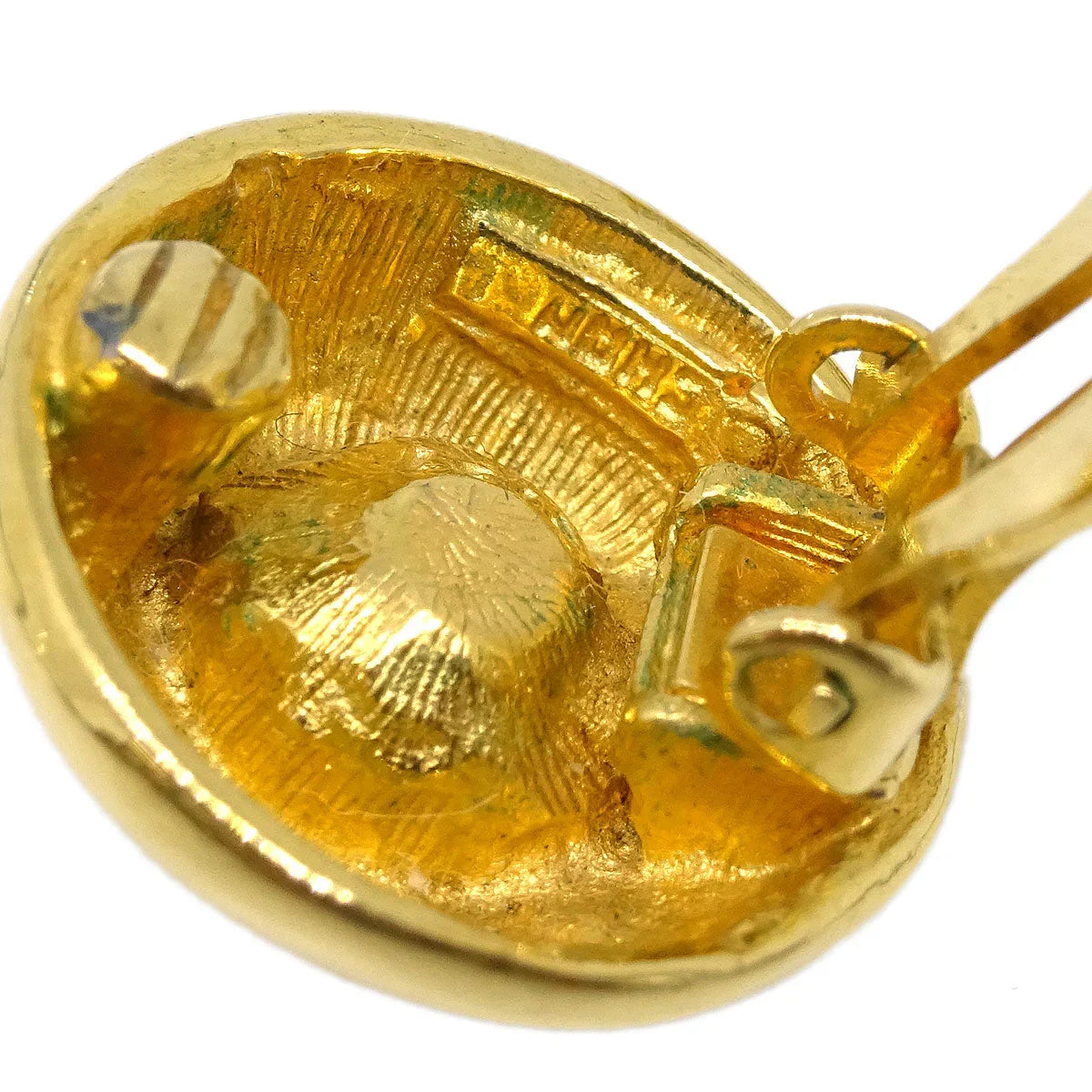 Chanel Gold Button Earrings Clip-On Rhinestone 2197