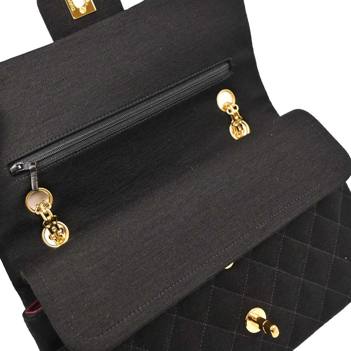 Chanel 1996-1997 Black Cotton Medium Classic Double Flap Shoulder Bag