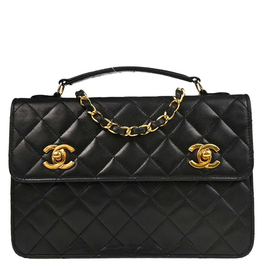 Chanel 1989-1991 Black Lambskin 2way Shoulder Handbag