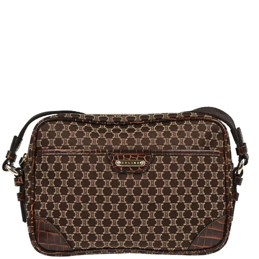 Celine Brown Canvas Embossed Leather Macadam Shoulder Bag