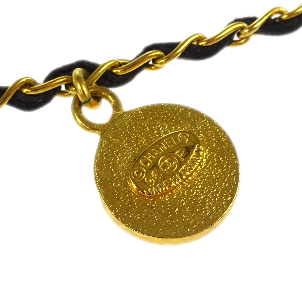 Chanel Icon Gold Black Leather Chain Necklace 96P