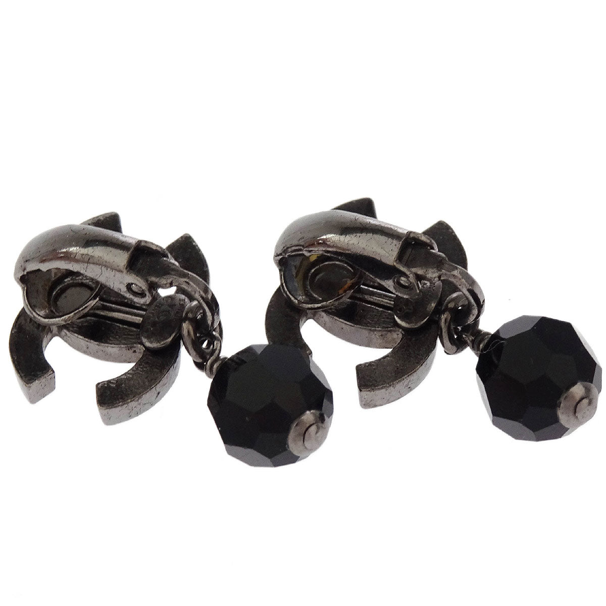 Chanel CC Dangle Earrings Clip-On Silver Black Rhinestone 04A