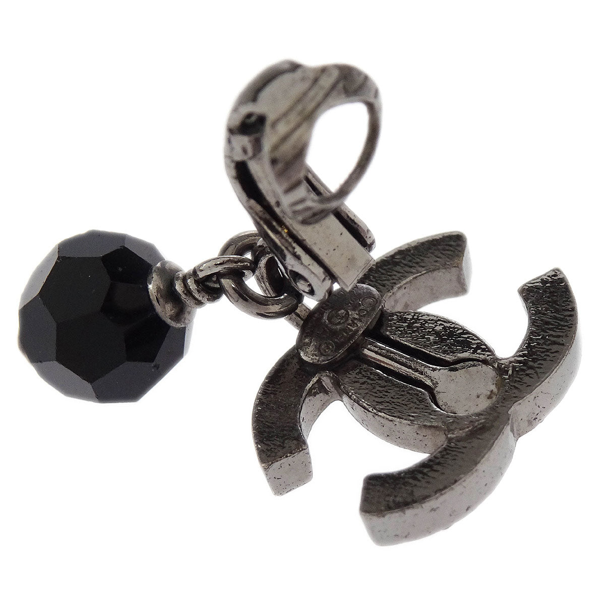 Chanel CC Dangle Earrings Clip-On Silver Black Rhinestone 04A