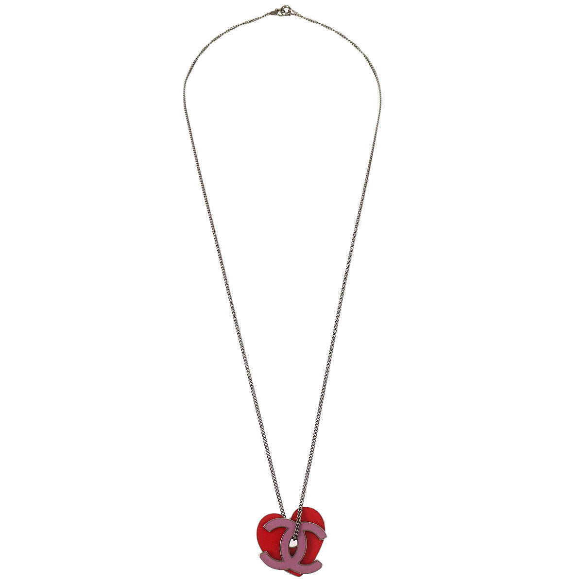 Chanel CC Heart Chain Necklace Silver Pink 04P