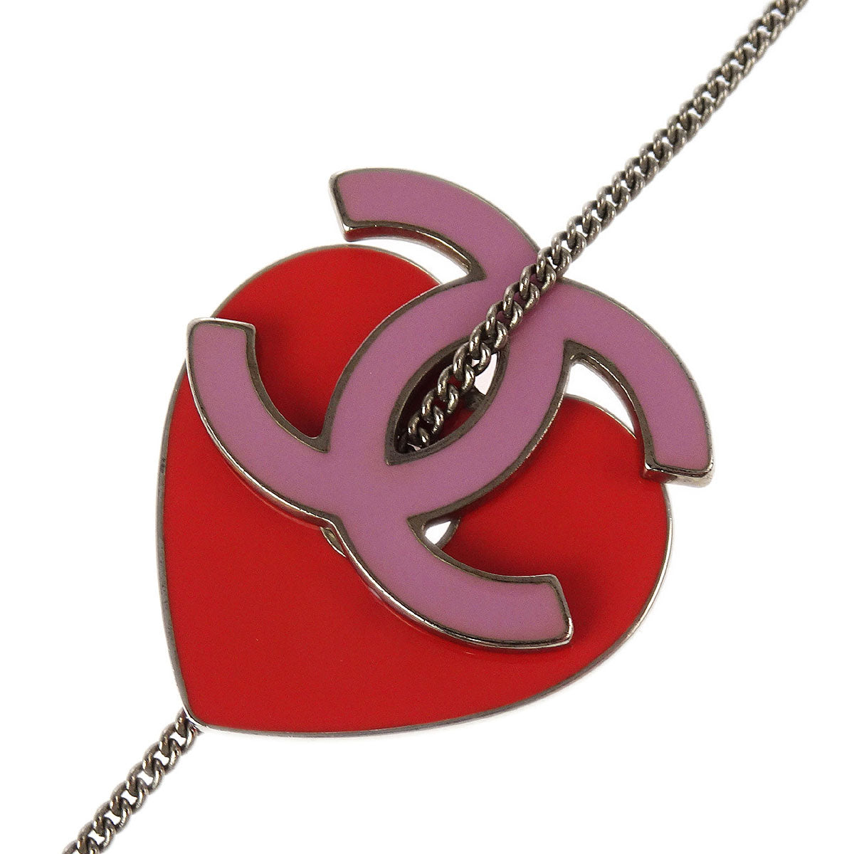 Chanel CC Heart Chain Necklace Silver Pink 04P