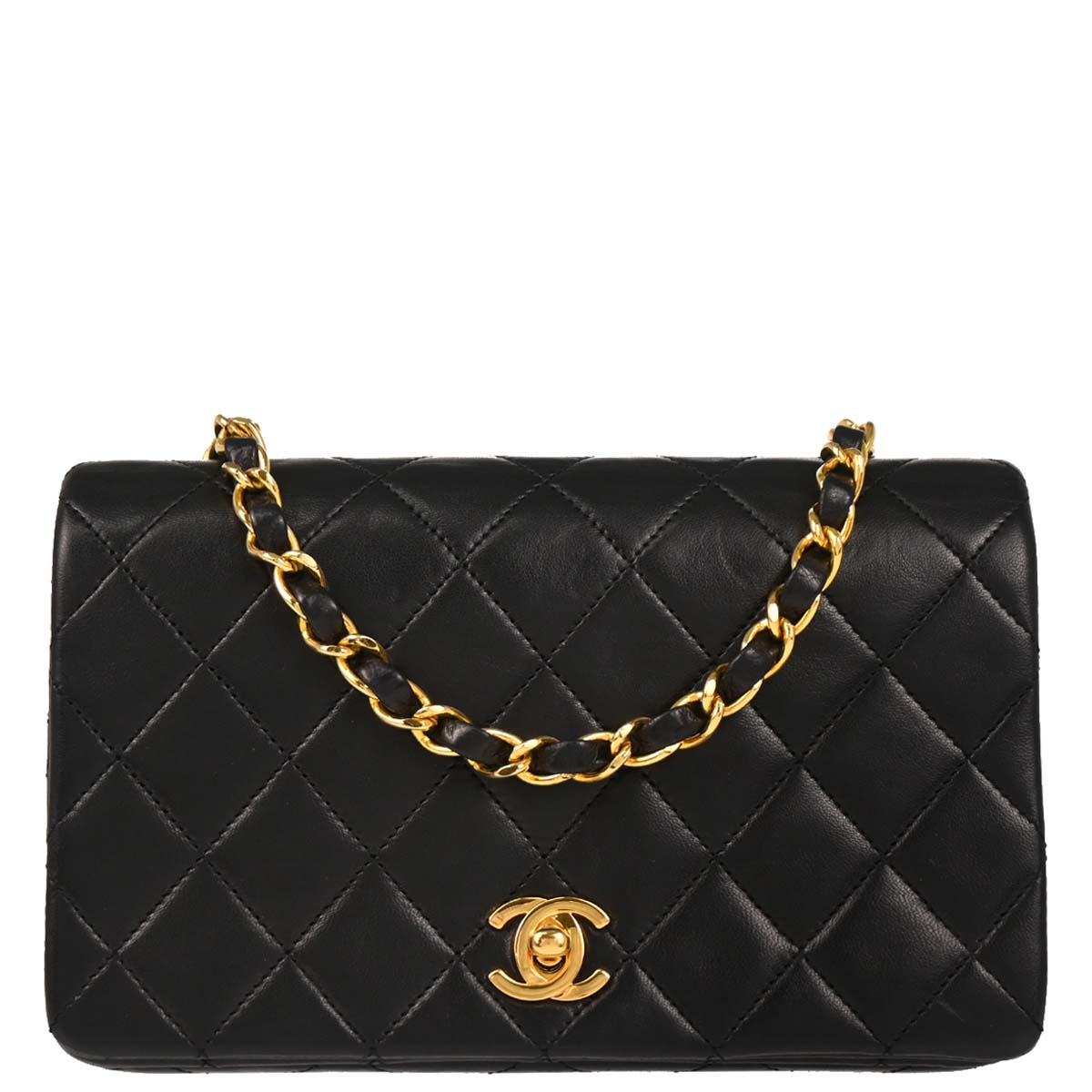 Chanel 1989-1991 Black Lambskin Turnlock Mini Full Flap Shoulder Bag
