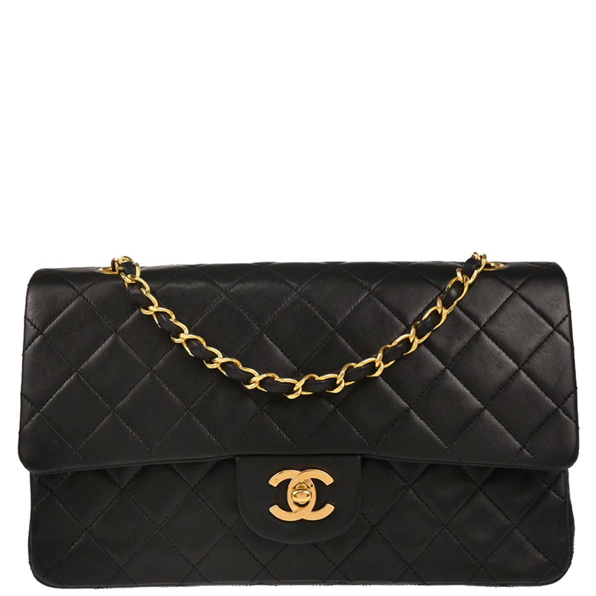Chanel 1989-1991 Black Lambskin Medium Classic Double Flap Shoulder Bag