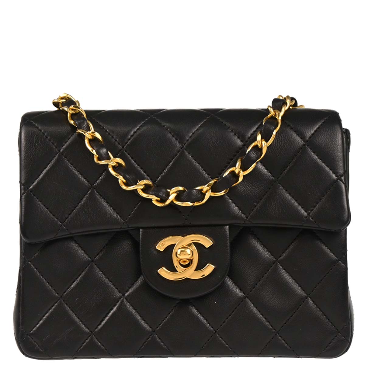 Chanel 1989-1991 Black Lambskin Mini Classic Square Flap Shoulder Bag