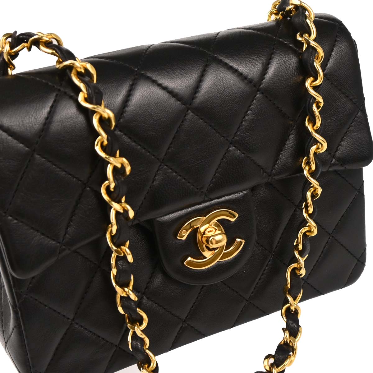 Chanel 1989-1991 Black Lambskin Mini Classic Square Flap Shoulder Bag