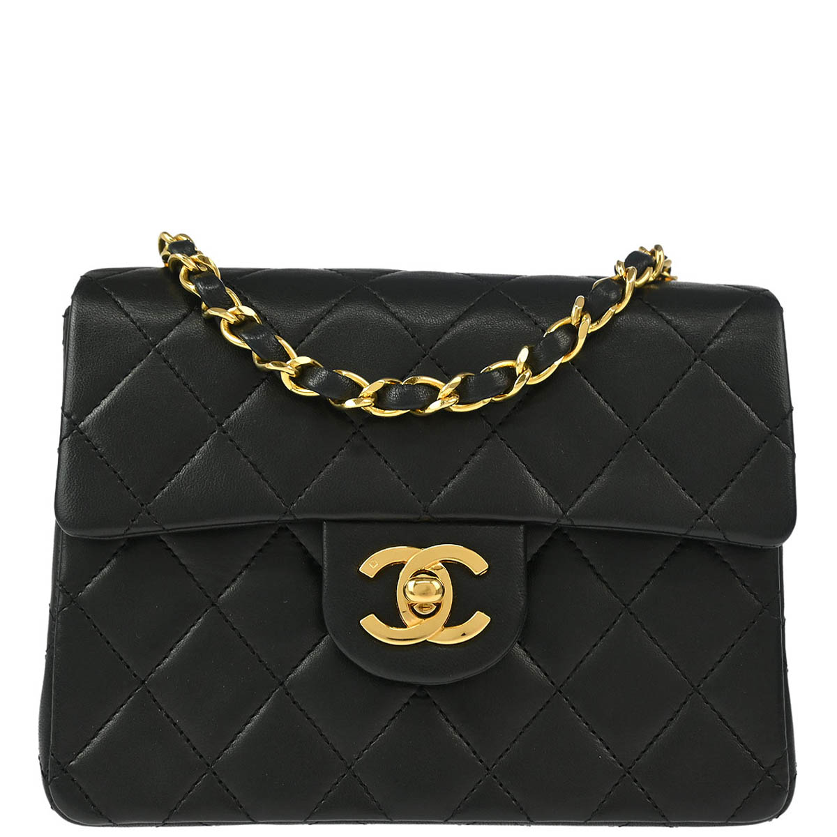 Chanel 1989-1991 Black Lambskin Mini Classic Square Flap Shoulder Bag
