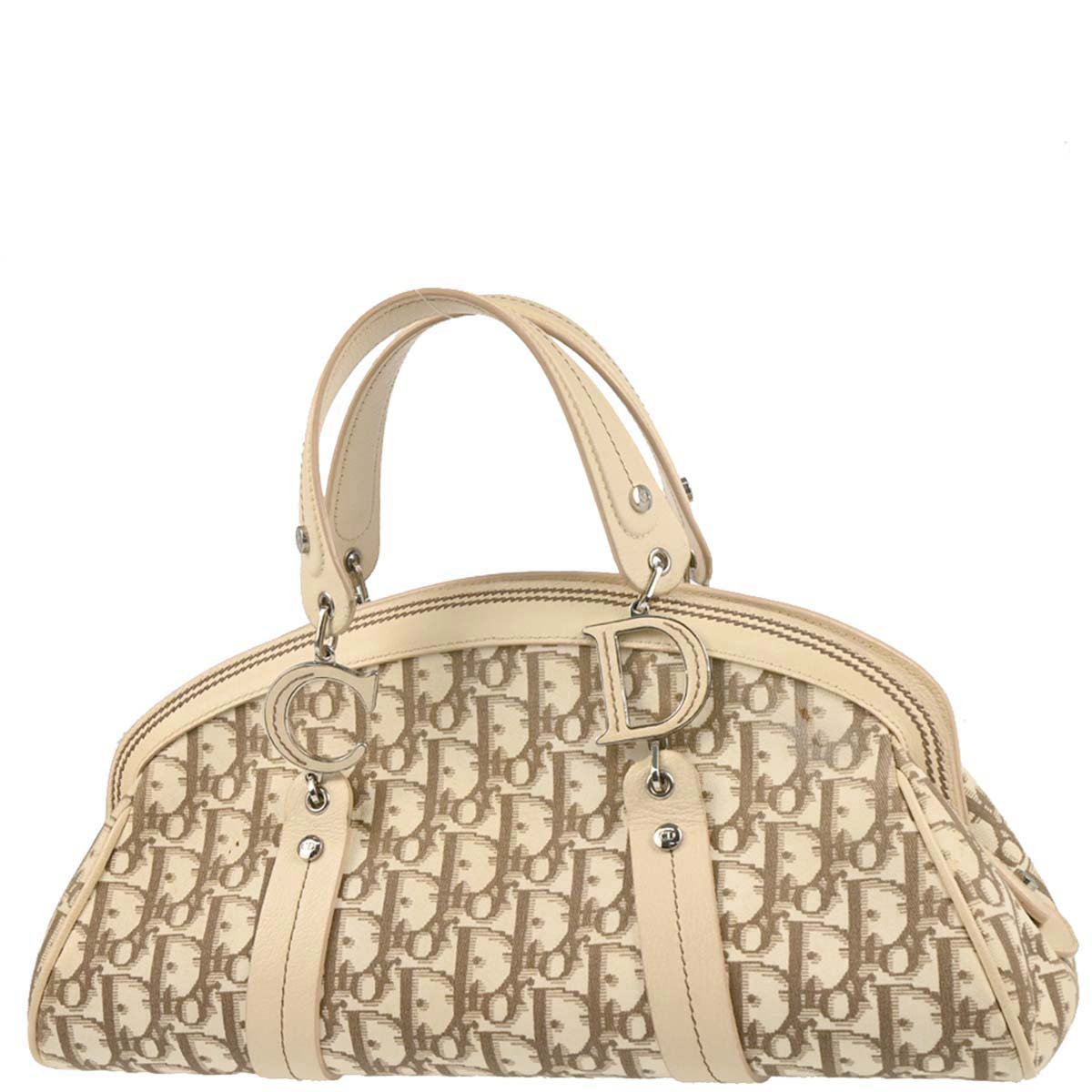 Christian Dior 2005 White Canvas Embroidered Flower Trotter Handbag