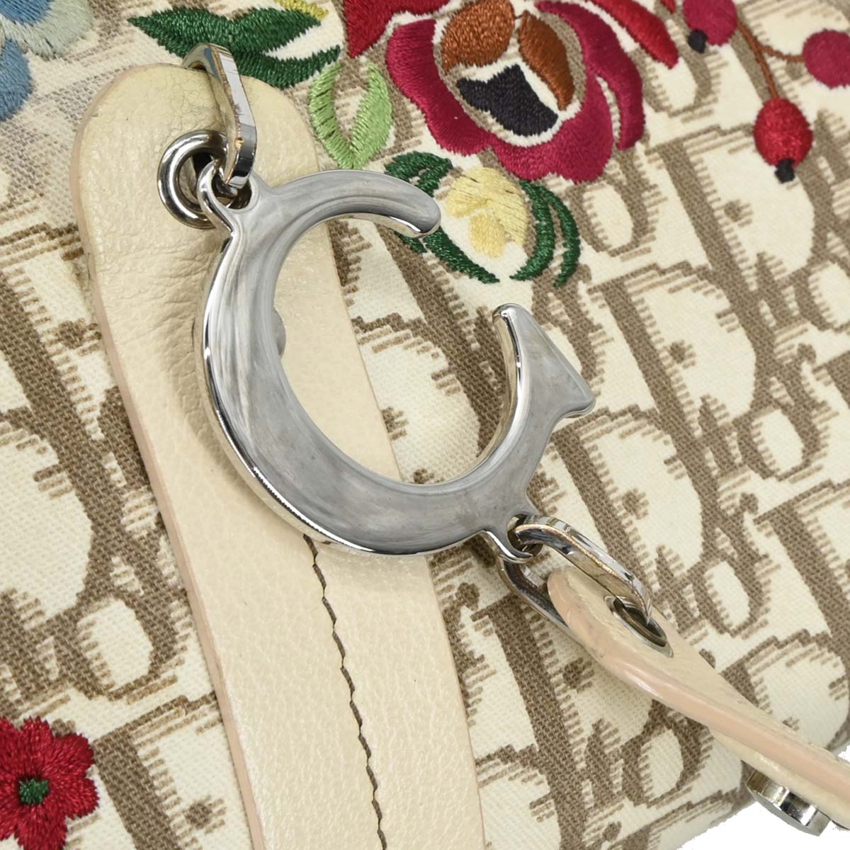 Christian Dior 2005 White Canvas Embroidered Flower Trotter Handbag