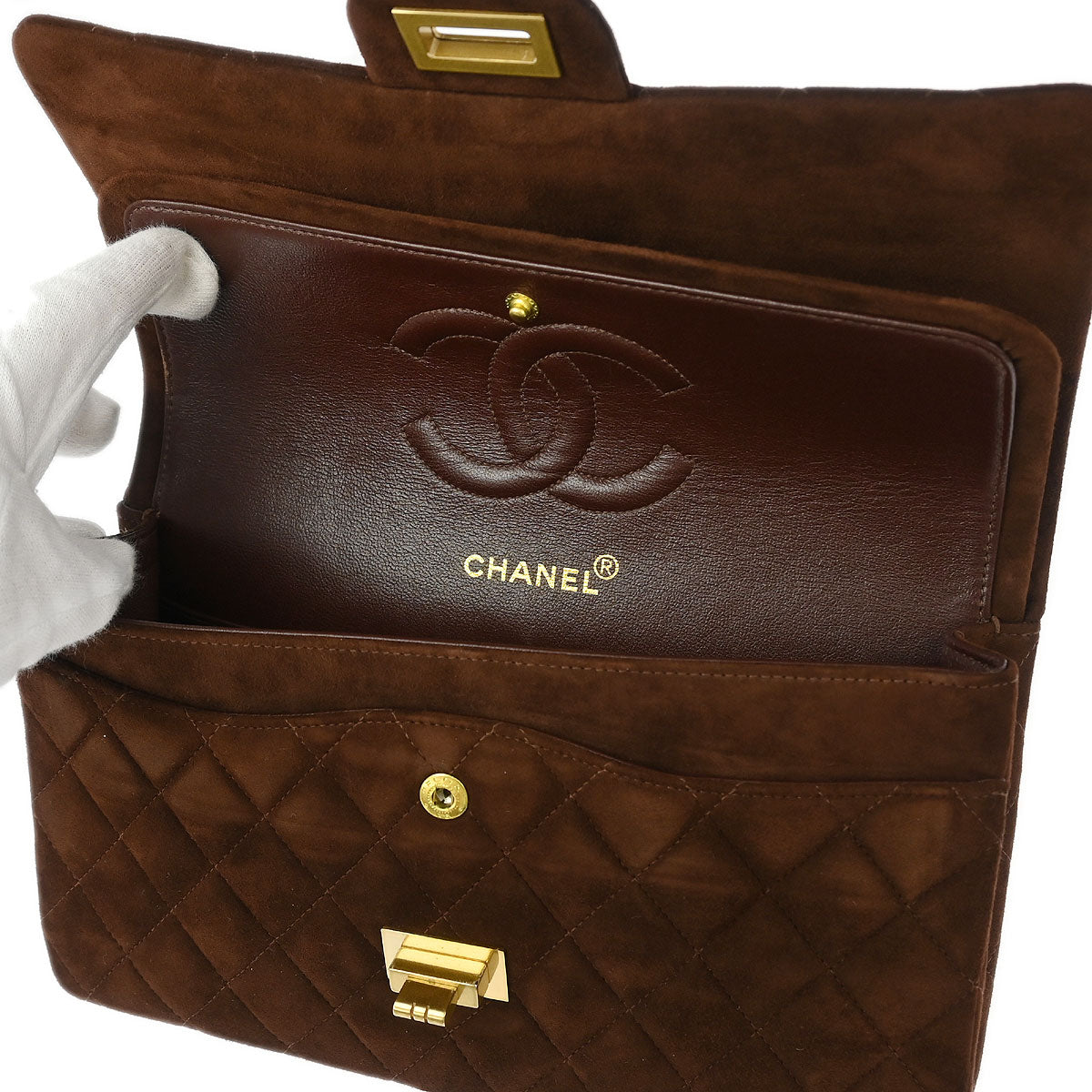 Chanel 1997-1999 Brown Suede 2.55 Medium Classic Double Flap Shoulder Bag