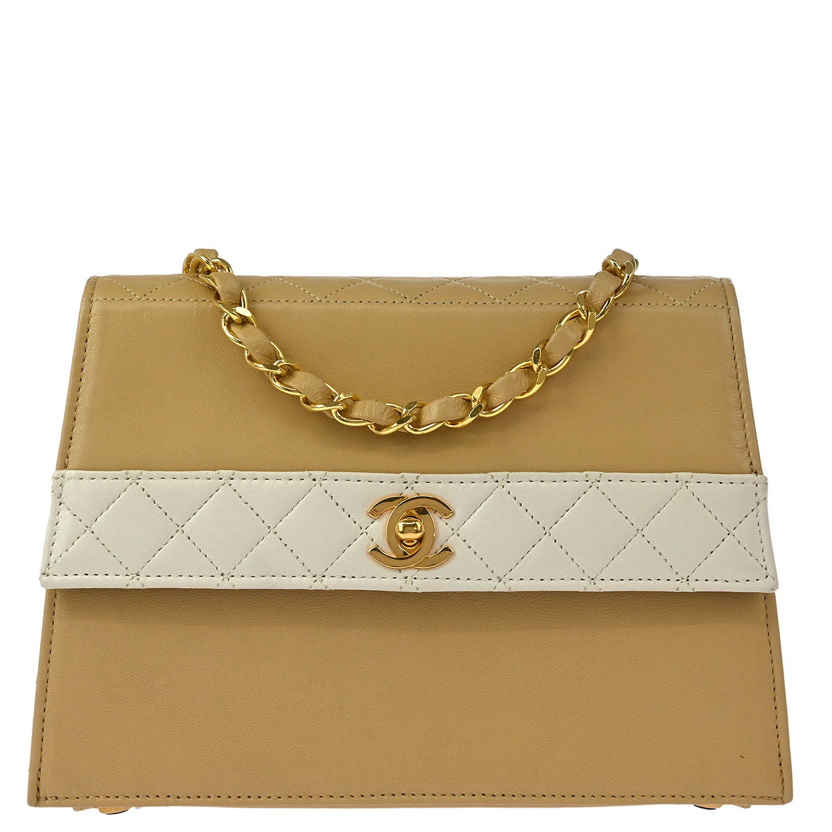 Chanel 1989-1991 Beige White Lambskin Straight Flap Shoulder Bag