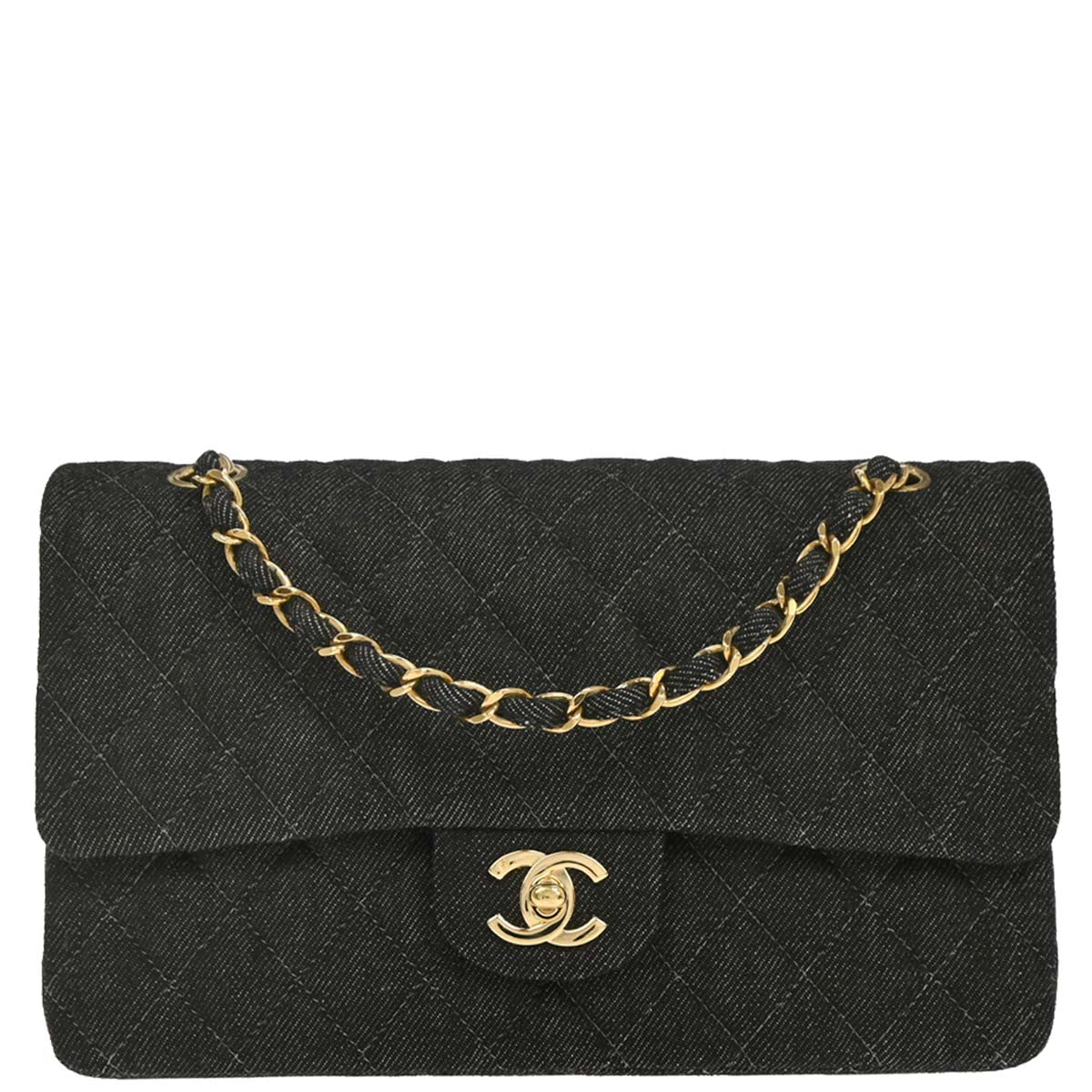 Chanel 1997-1999 Black Denim Medium Classic Double Flap Shoulder Bag