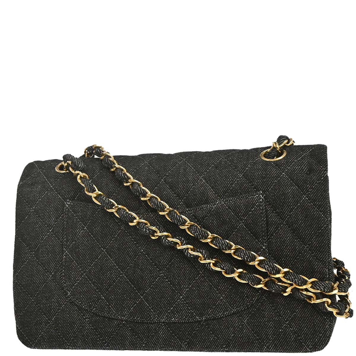 Chanel 1997-1999 Black Denim Medium Classic Double Flap Shoulder Bag