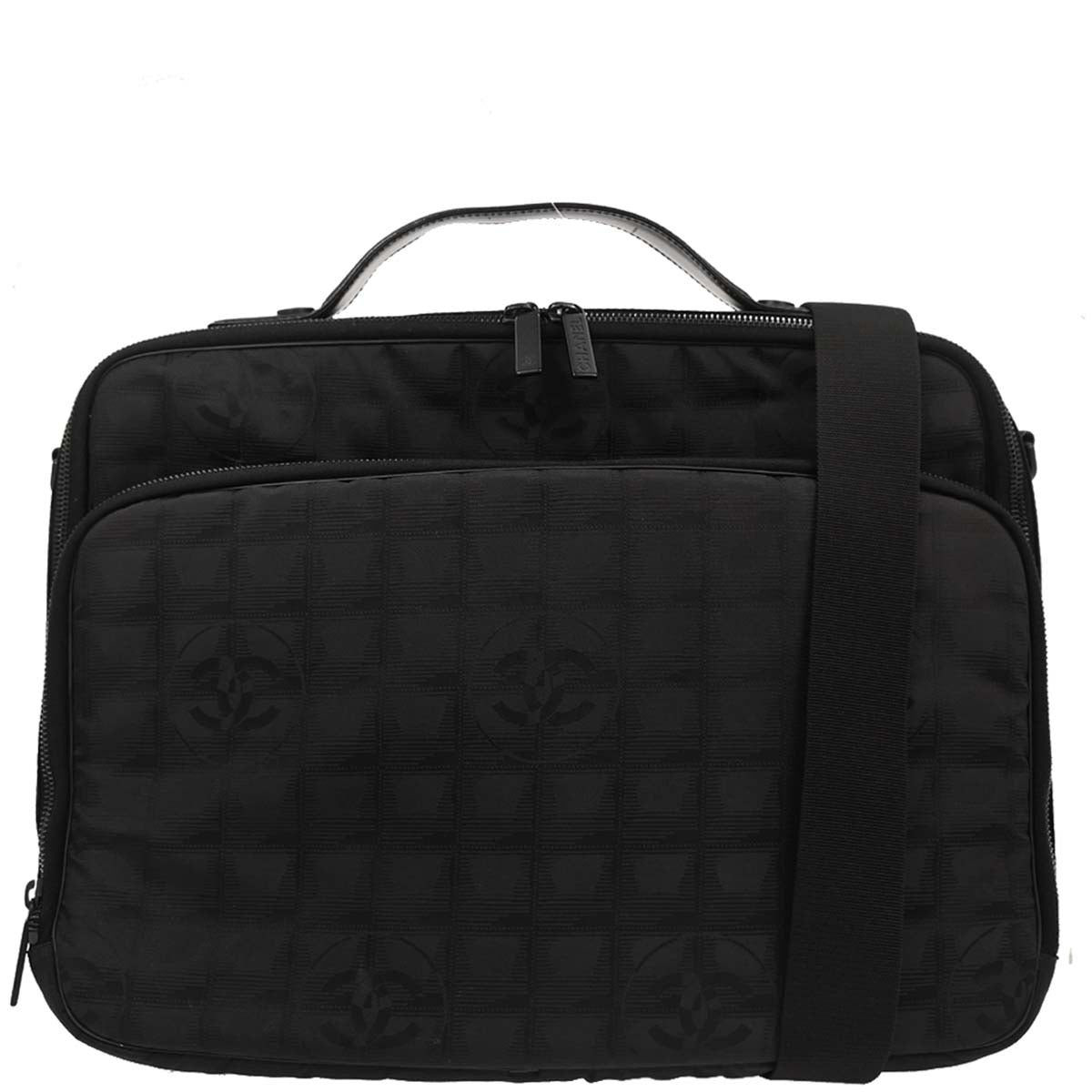 Chanel 2001-2003 Black Jacquard Nylon Travel Line 2way Shoulder Business Bag