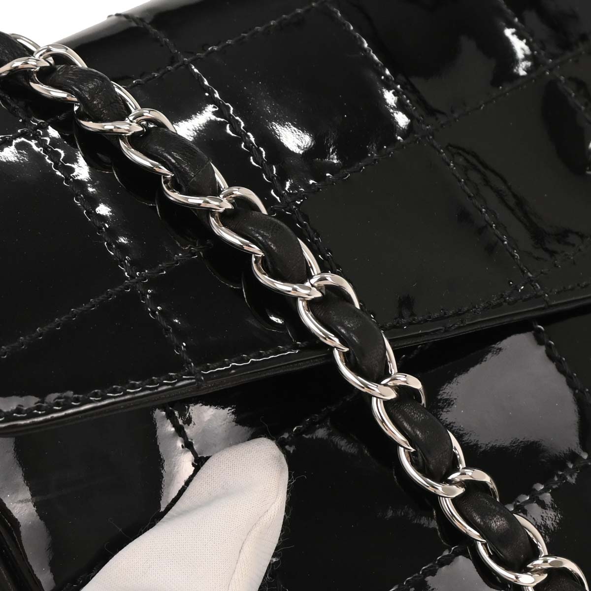 Chanel 2004-2005 Black Patent Leather Choco Bar Shoulder Bag