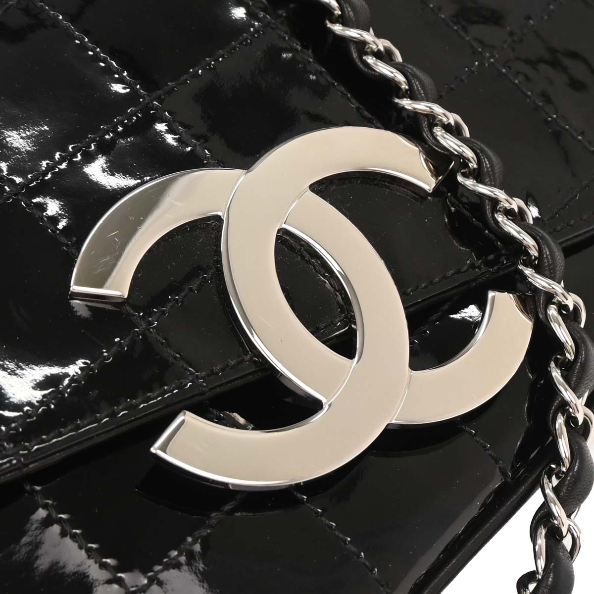 Chanel 2004-2005 Black Patent Leather Choco Bar Shoulder Bag