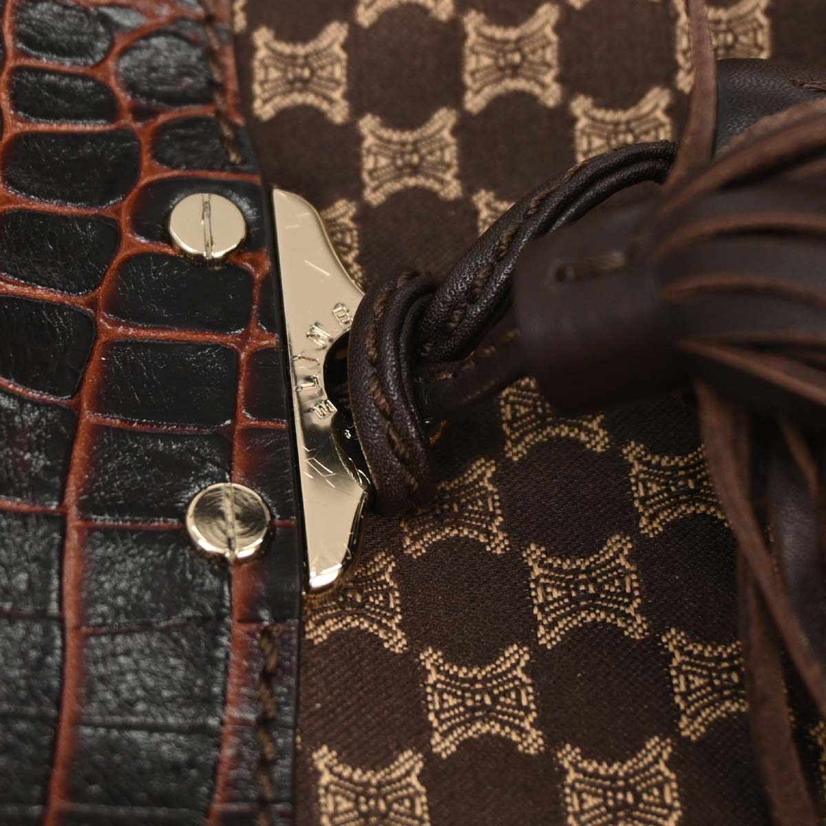 Celine Brown Canvas Macadam Tassel Hobo Handbag