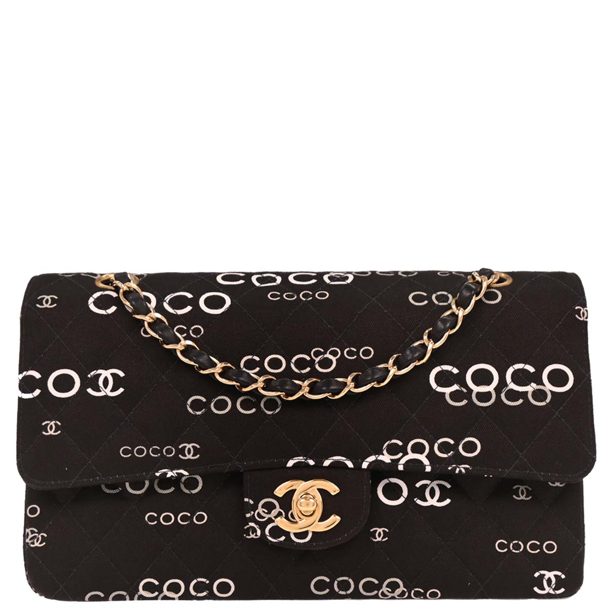 Chanel 2001-2003 Black Canvas COCO Medium Classic Double Flap Shoulder Bag