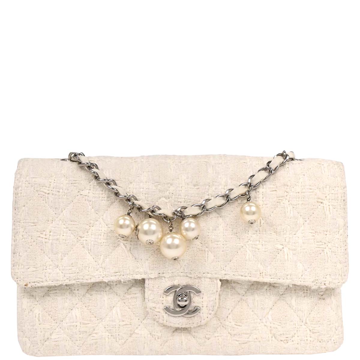 Chanel 2004-2005 White Tweed Medium Classic Double Flap Shoulder Bag