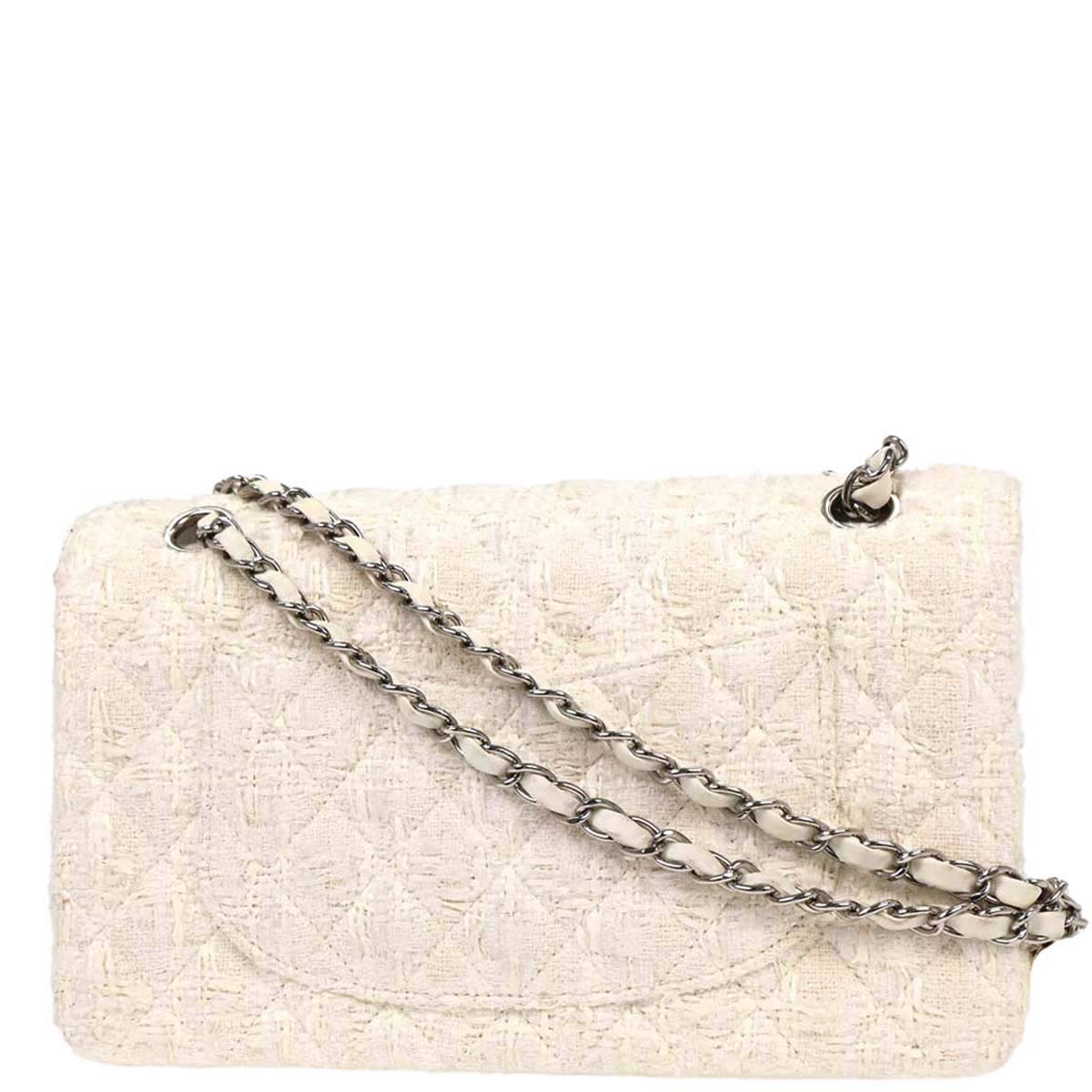 Chanel 2004-2005 White Tweed Medium Classic Double Flap Shoulder Bag